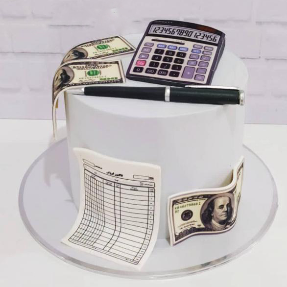 کیک روز حسابدار با تزیین دلار و ماشین حساب